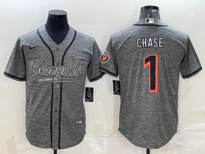 Men's Grey Cincinnati Bengals #1 Ja'Marr Chase With Patch Cool Base Stitched Baseball Jersey